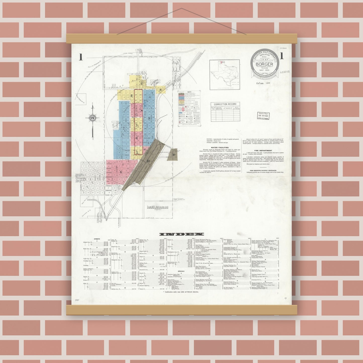Old map wall art mockup — magnetic wood frame on brick wall — Sanborn Fire Insurance Map from Borger, Hutchinson County, Texas (1933), Sheet #0001