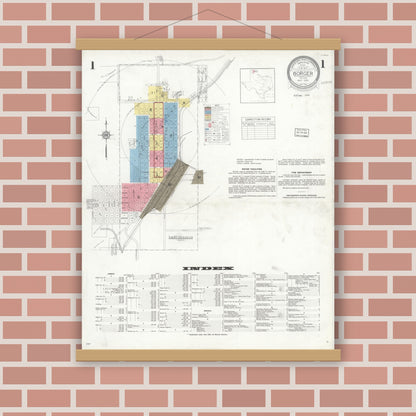 Old map wall art mockup — magnetic wood frame on brick wall — Sanborn Fire Insurance Map from Borger, Hutchinson County, Texas (1933), Sheet #0001