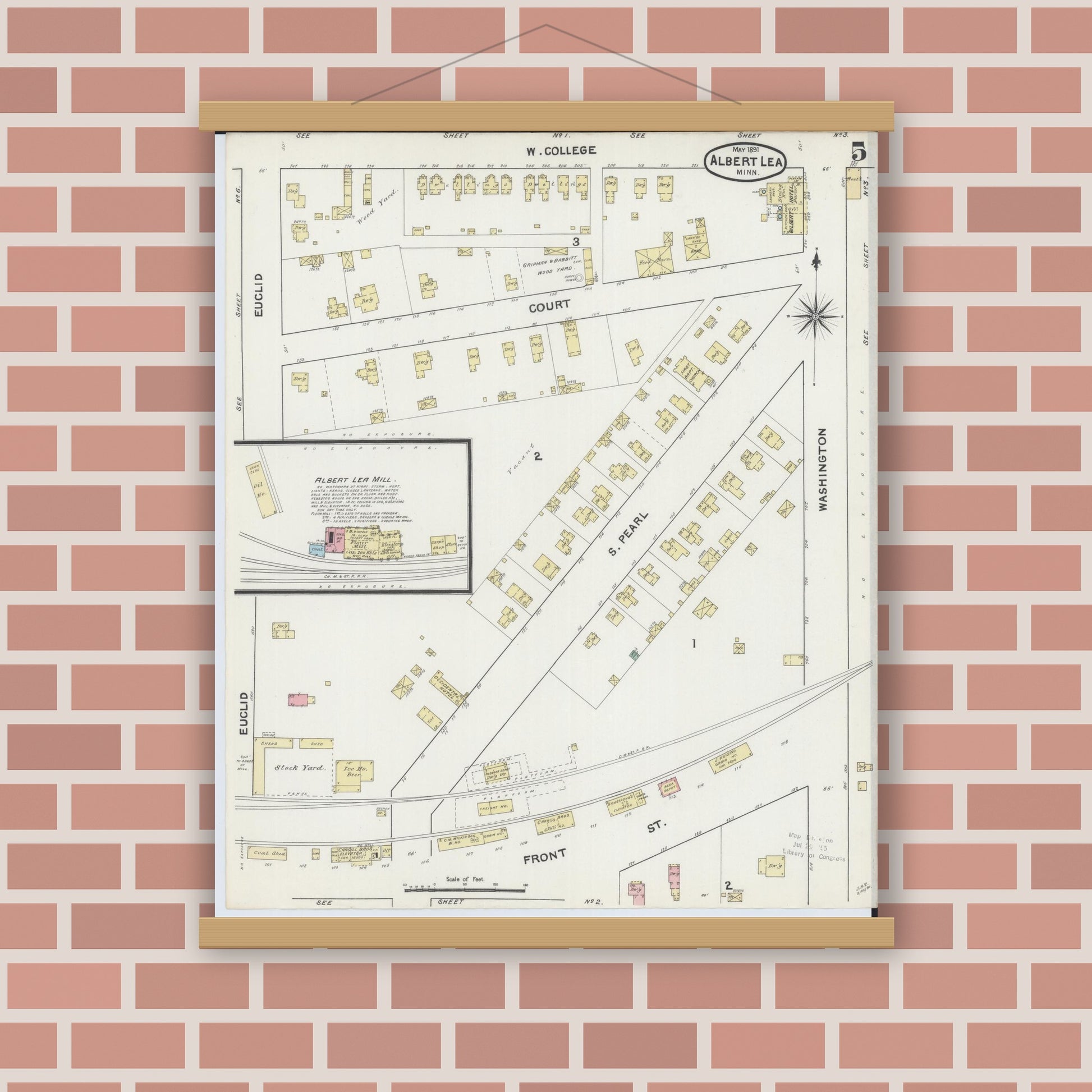 Old map wall art mockup — magnetic wood frame on brick wall — Sanborn Fire Insurance Map from Albert Lea, Freeborn County, Minnesota (1891), Sheet #0005