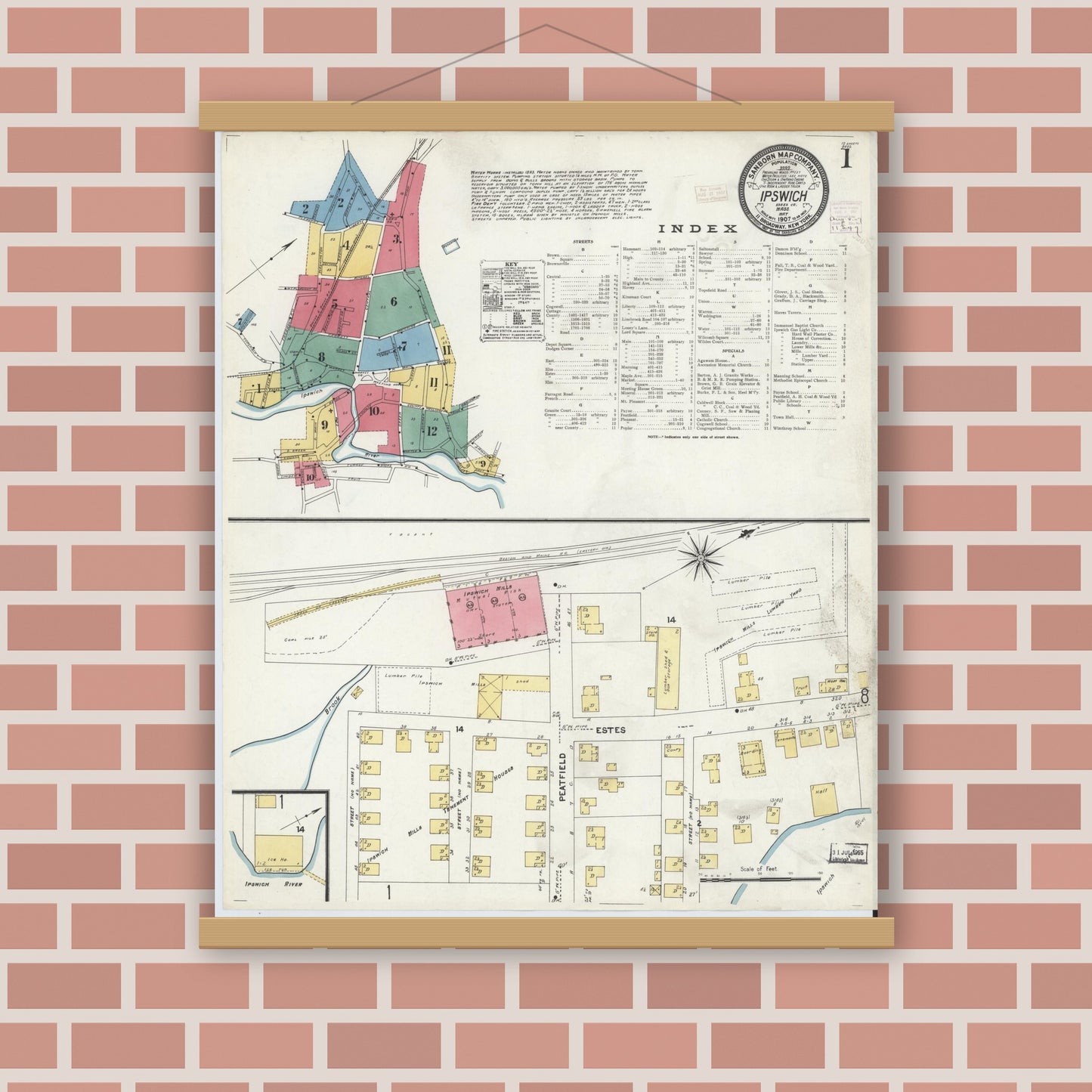 Old map wall art mockup — magnetic wood frame on brick wall — Sanborn Fire Insurance Map from Ipswich, Essex County, Massachusetts (1907), Sheet #0001