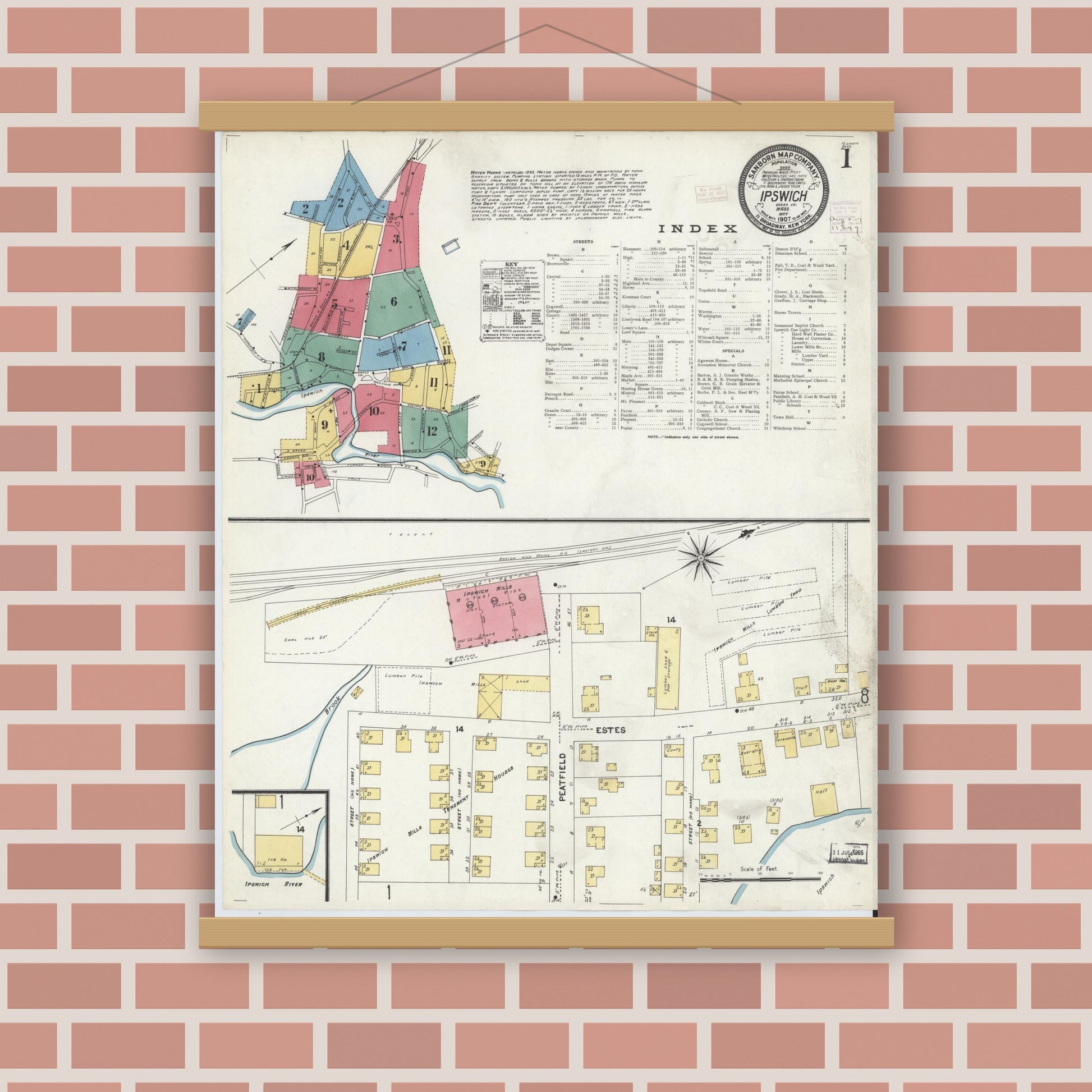 Old map wall art mockup — magnetic wood frame on brick wall — Sanborn Fire Insurance Map from Ipswich, Essex County, Massachusetts (1907), Sheet #0001
