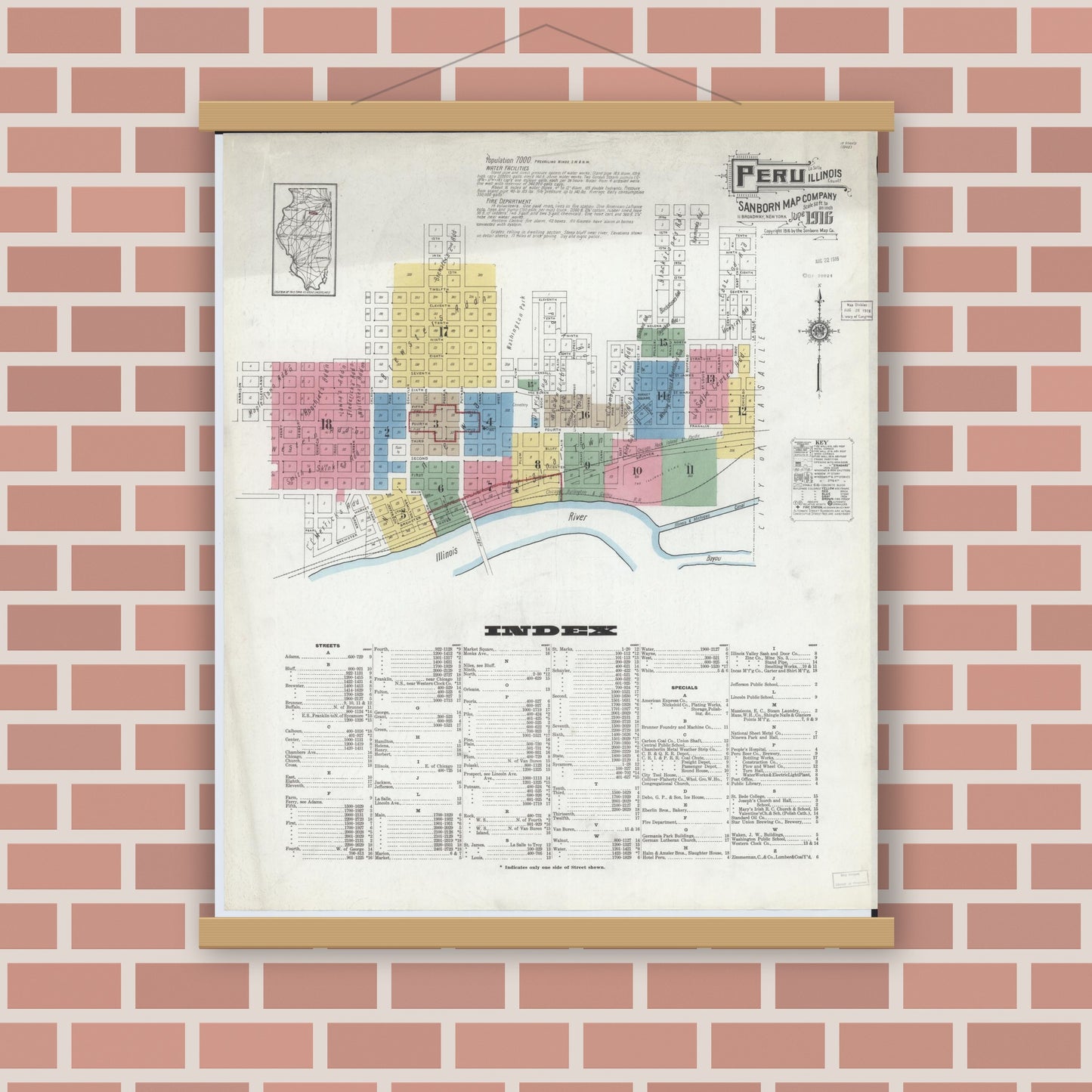 Old map wall art mockup — magnetic wood frame on brick wall — Sanborn Fire Insurance Map from Peru, La Salle County, Illinois (1916) - Complete Map Set