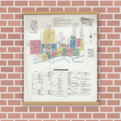 Old map wall art mockup — magnetic wood frame on brick wall — Sanborn Fire Insurance Map from Peru, La Salle County, Illinois (1916) - Complete Map Set
