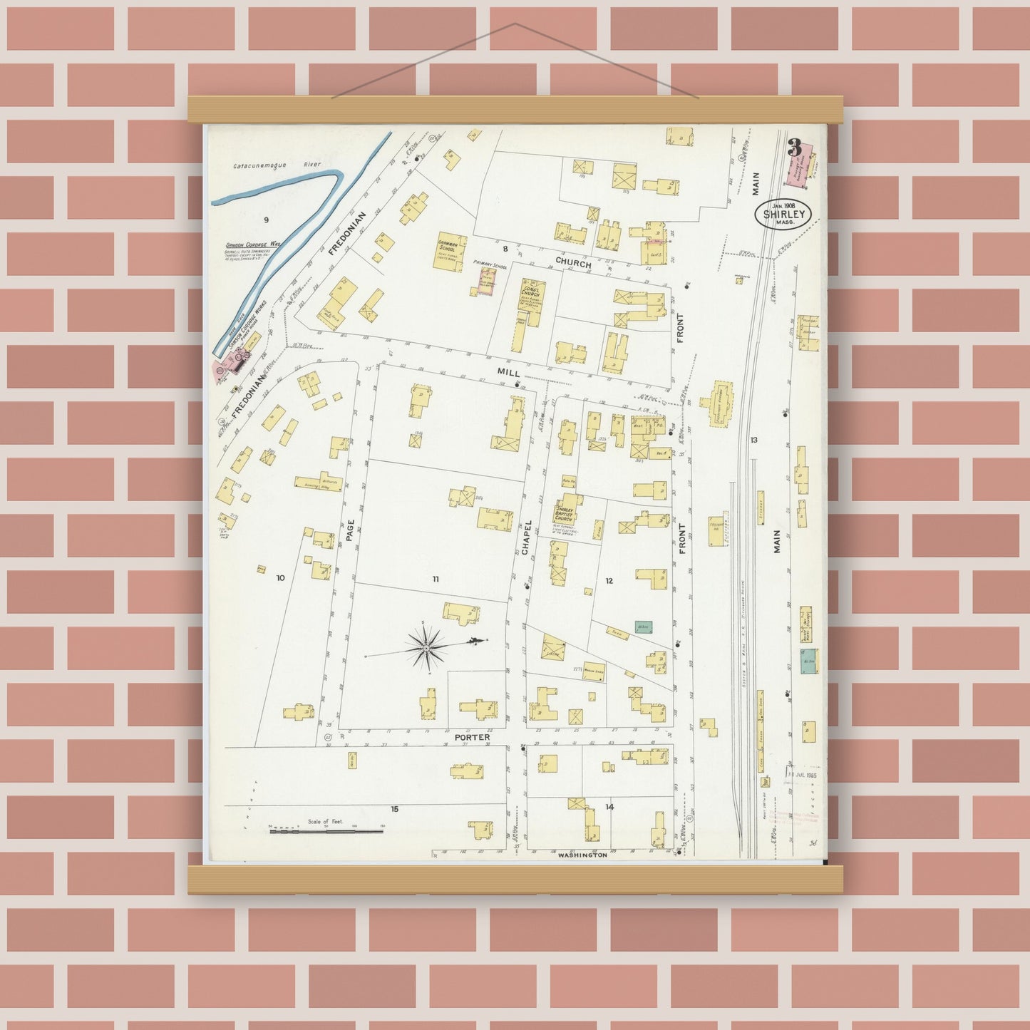 Old map wall art mockup — magnetic wood frame on brick wall — Sanborn Fire Insurance Map from Shirley, Middlesex County, Massachusetts (1908), Sheet #0003