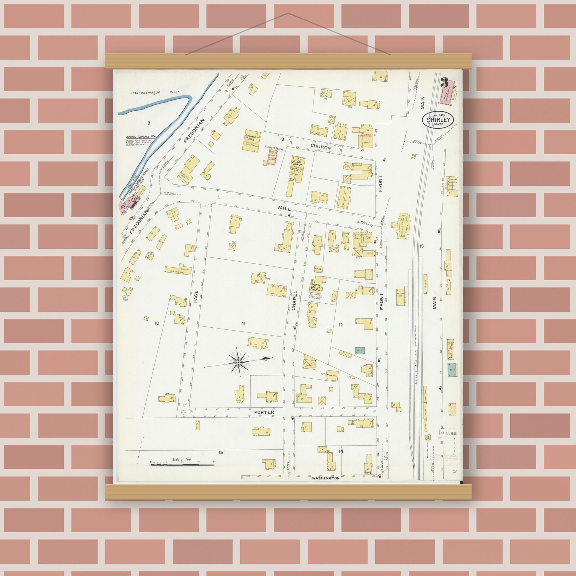 Old map wall art mockup — magnetic wood frame on brick wall — Sanborn Fire Insurance Map from Shirley, Middlesex County, Massachusetts (1908), Sheet #0003