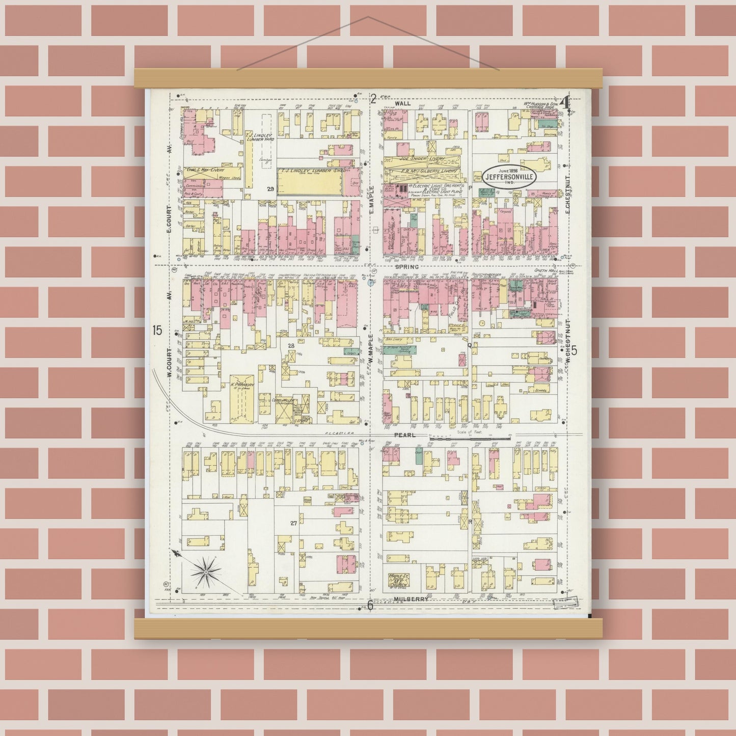 Old map wall art mockup — magnetic wood frame on brick wall — Sanborn Fire Insurance Map from Jeffersonville, Clark County, Indiana (1898), Sheet #0004