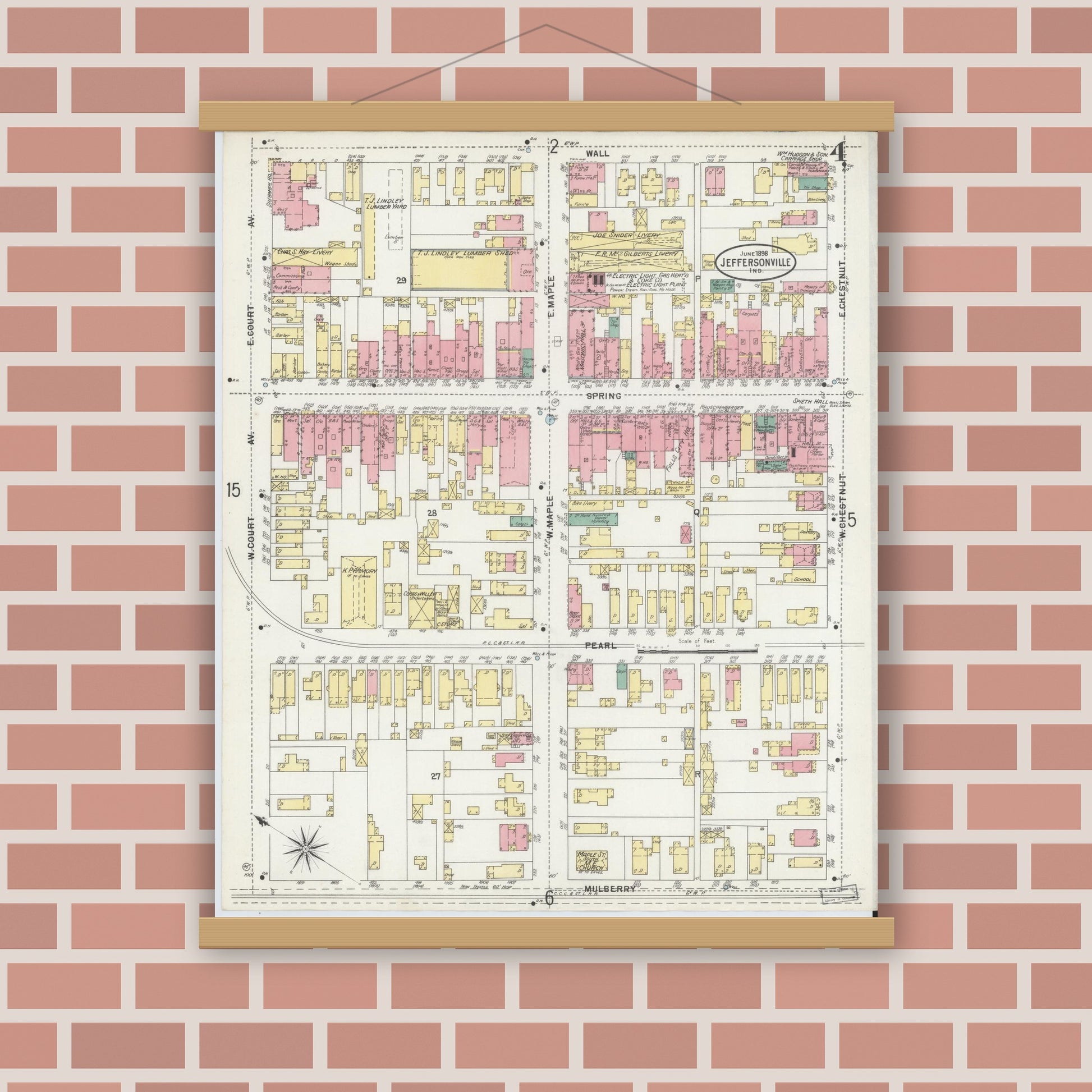 Old map wall art mockup — magnetic wood frame on brick wall — Sanborn Fire Insurance Map from Jeffersonville, Clark County, Indiana (1898), Sheet #0004