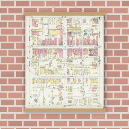 Old map wall art mockup — magnetic wood frame on brick wall — Sanborn Fire Insurance Map from Jeffersonville, Clark County, Indiana (1898), Sheet #0004