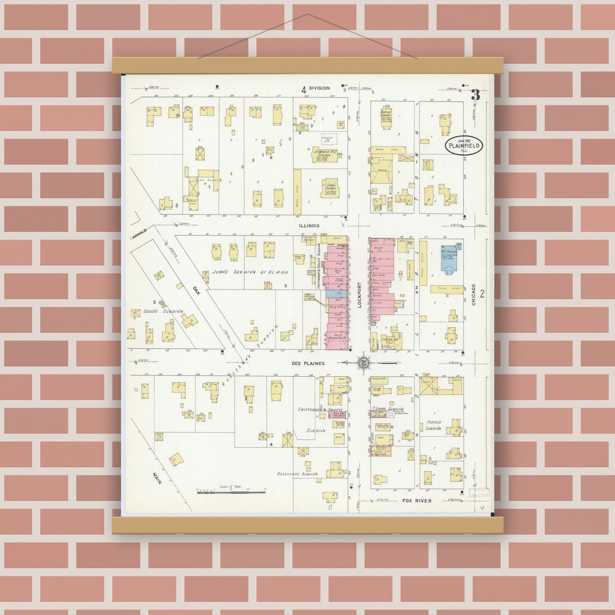 Old map wall art mockup — magnetic wood frame on brick wall — Sanborn Fire Insurance Map from Plainfield, Will County, Illinois (1912), Sheet #0003