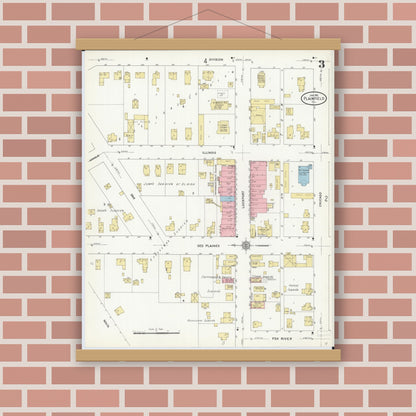 Old map wall art mockup — magnetic wood frame on brick wall — Sanborn Fire Insurance Map from Plainfield, Will County, Illinois (1912), Sheet #0003