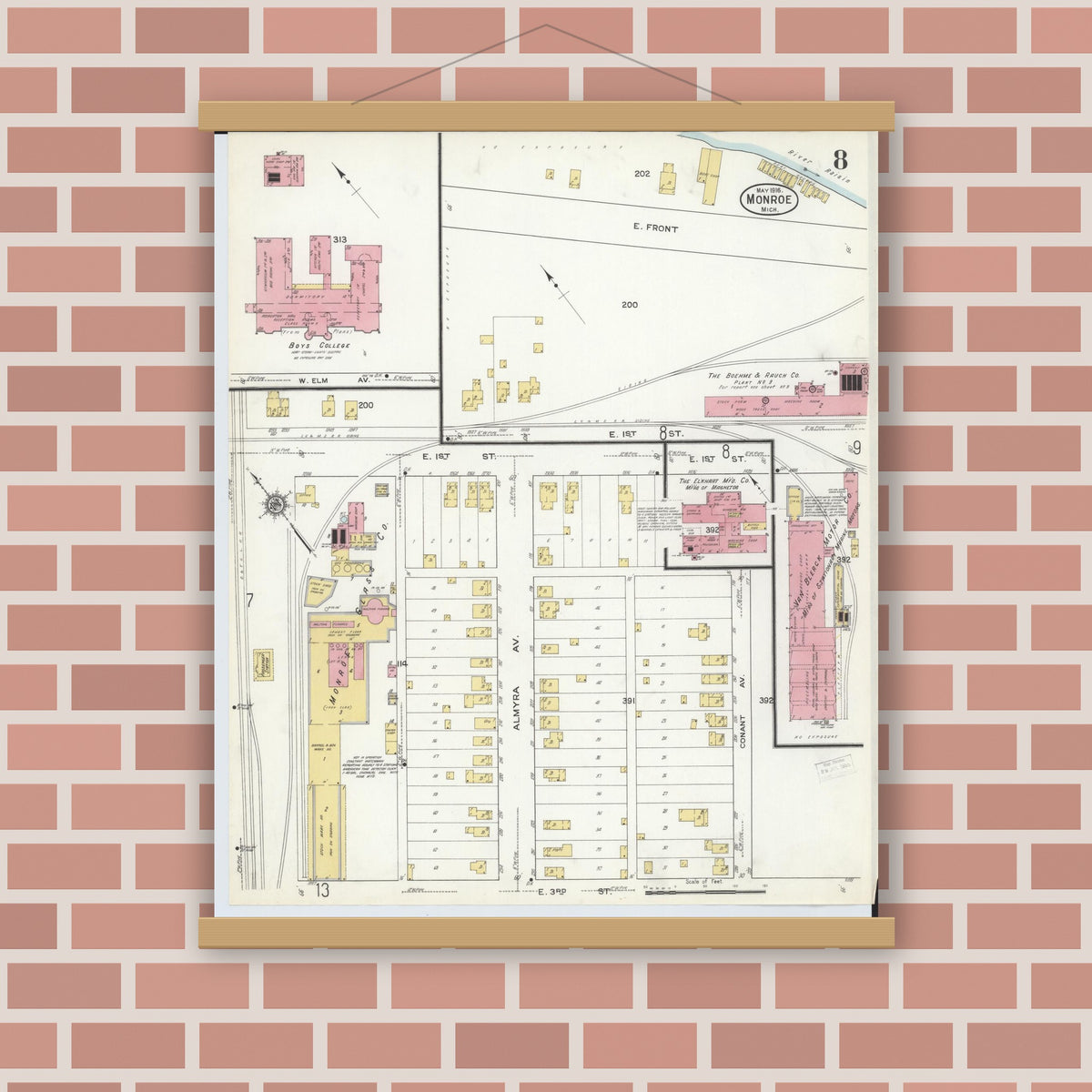 Old map wall art mockup — magnetic wood frame on brick wall — Sanborn Fire Insurance Map from Monroe, Monroe County, Michigan (1916), Sheet #0008