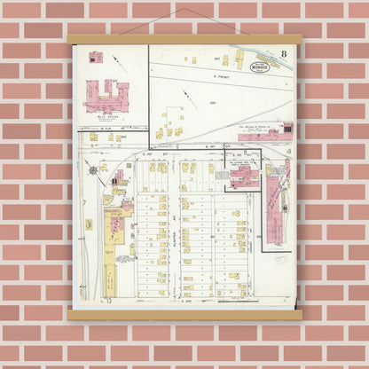 Old map wall art mockup — magnetic wood frame on brick wall — Sanborn Fire Insurance Map from Monroe, Monroe County, Michigan (1916), Sheet #0008
