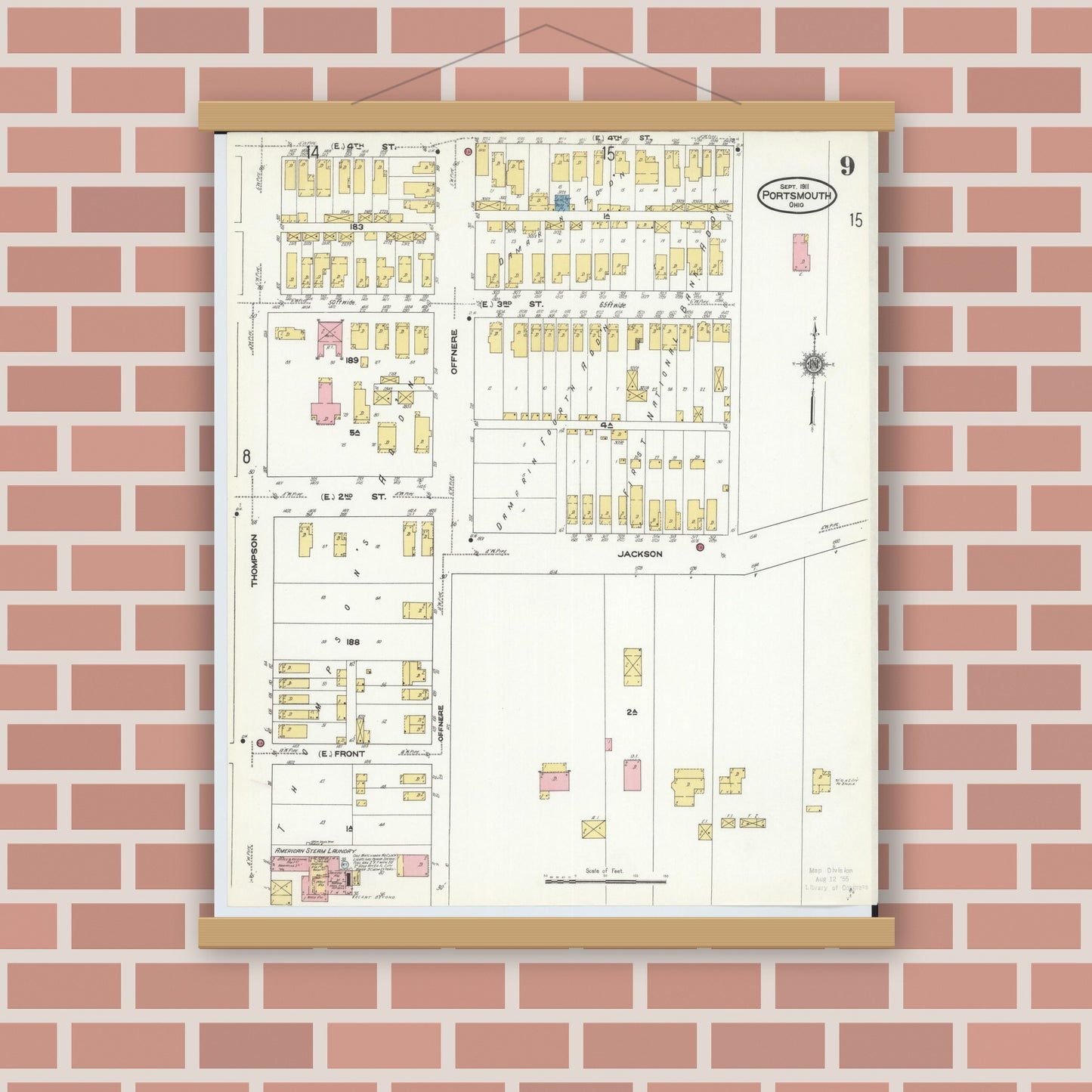 Old map wall art mockup — magnetic wood frame on brick wall — Sanborn Fire Insurance Map from Portsmouth, Scioto County, Ohio (1911), Sheet #0009