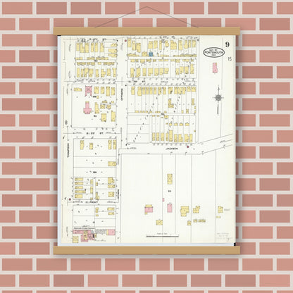 Old map wall art mockup — magnetic wood frame on brick wall — Sanborn Fire Insurance Map from Portsmouth, Scioto County, Ohio (1911), Sheet #0009