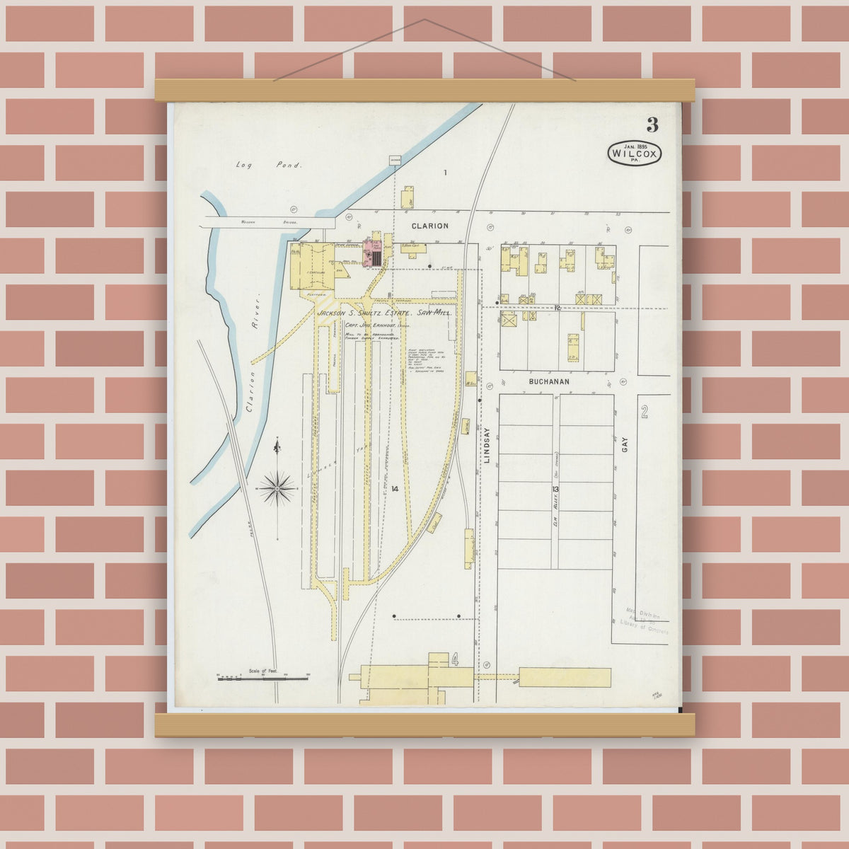 Old map wall art mockup — magnetic wood frame on brick wall — Sanborn Fire Insurance Map from Wilcox, Elk County, Pennsylvania (1895), Sheet #0003