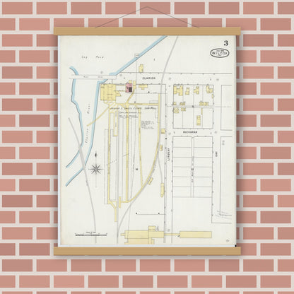 Old map wall art mockup — magnetic wood frame on brick wall — Sanborn Fire Insurance Map from Wilcox, Elk County, Pennsylvania (1895), Sheet #0003