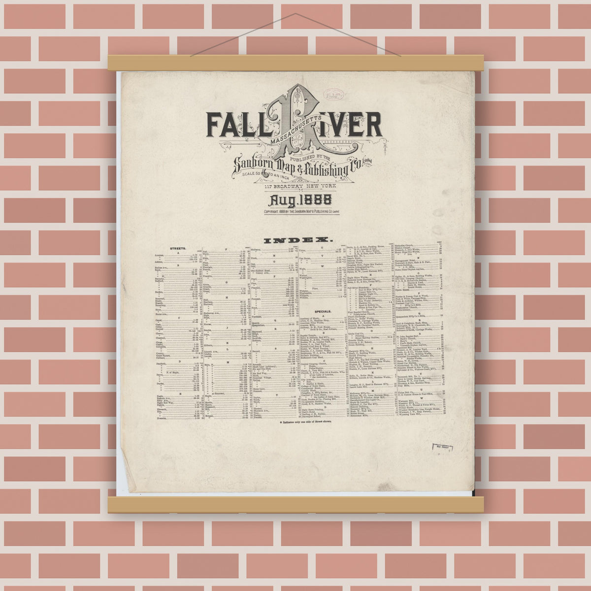 Old map wall art mockup — magnetic wood frame on brick wall — Sanborn Fire Insurance Map from Fall River, Bristol County, Massachusetts (1888), Sheet #0001