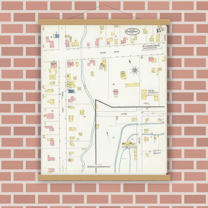 Old map wall art mockup — magnetic wood frame on brick wall — Sanborn Fire Insurance Map from Brockport, Monroe County, New York (1909), Sheet #0015