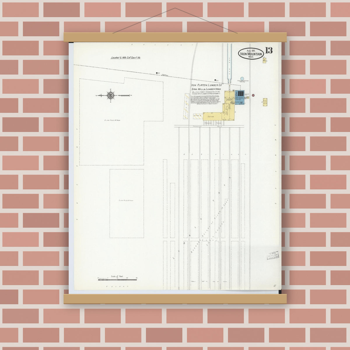 Old map wall art mockup — magnetic wood frame on brick wall — Sanborn Fire Insurance Map from Iron Mountain, Dickinson County, Michigan (1911), Sheet #0013