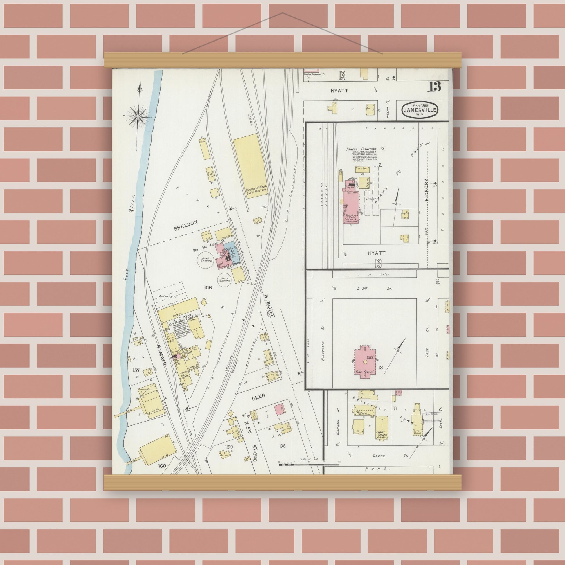 Old map wall art mockup — magnetic wood frame on brick wall — Sanborn Fire Insurance Map from Janesville, Rock County, Wisconsin (1895), Sheet #0013