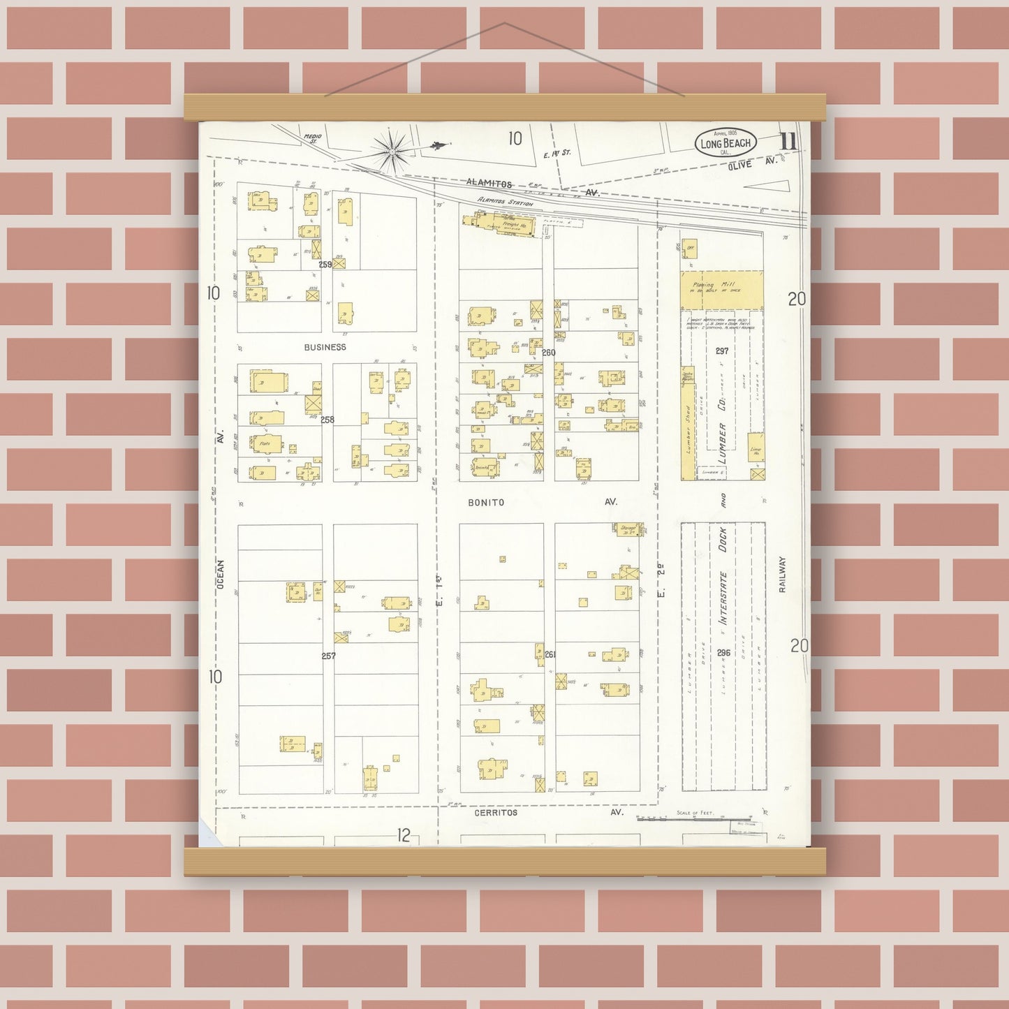 Old map wall art mockup — magnetic wood frame on brick wall — Sanborn Fire Insurance Map from Long Beach, Los Angeles County, California (1905), Sheet #0011