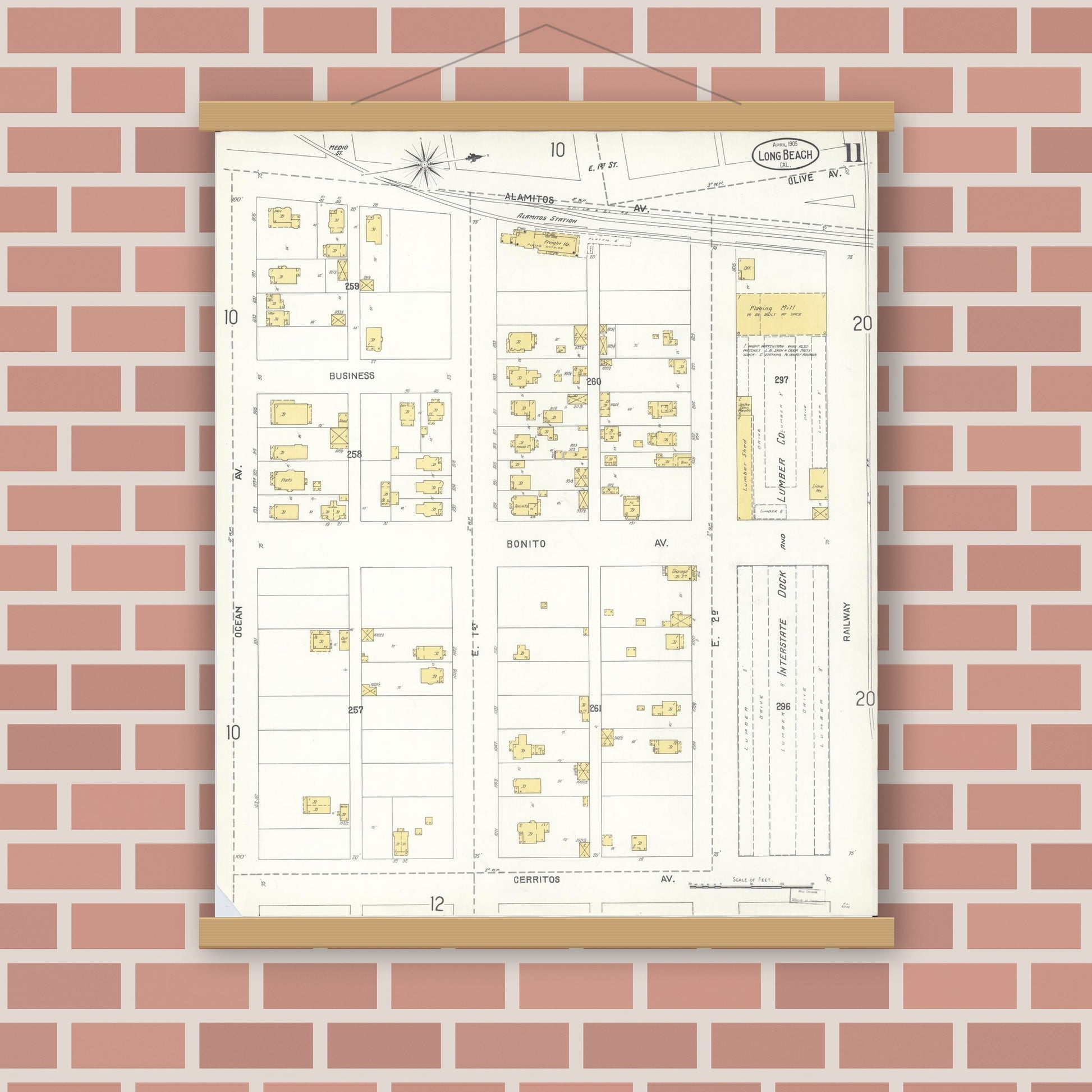 Old map wall art mockup — magnetic wood frame on brick wall — Sanborn Fire Insurance Map from Long Beach, Los Angeles County, California (1905), Sheet #0011