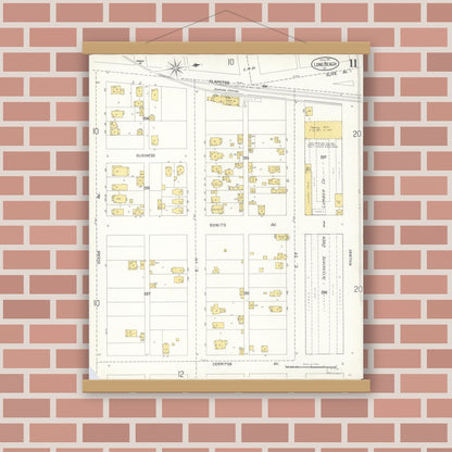 Old map wall art mockup — magnetic wood frame on brick wall — Sanborn Fire Insurance Map from Long Beach, Los Angeles County, California (1905), Sheet #0011