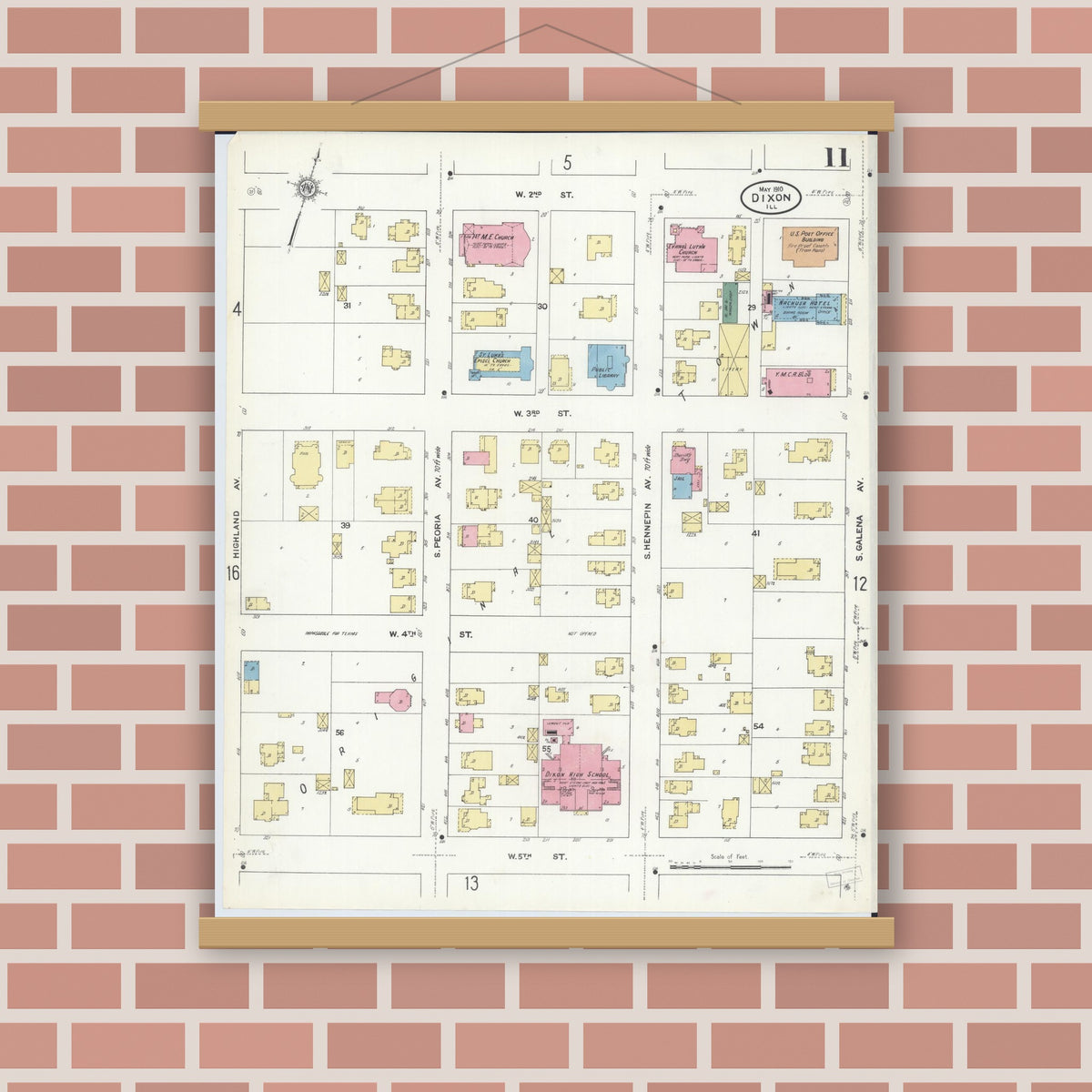 Old map wall art mockup — magnetic wood frame on brick wall — Sanborn Fire Insurance Map from Dixon, Lee County, Illinois (1910), Sheet #0011