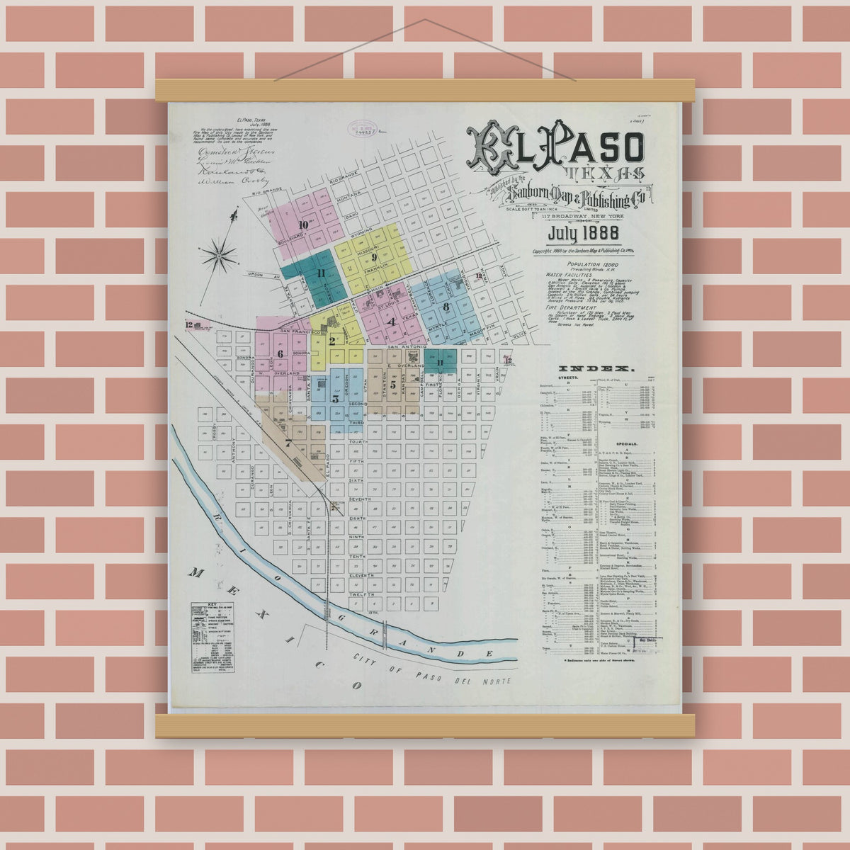 Old map wall art mockup — magnetic wood frame on brick wall — Sanborn Fire Insurance Map from El Paso, El Paso County, Texas (1888) - Complete Map Set