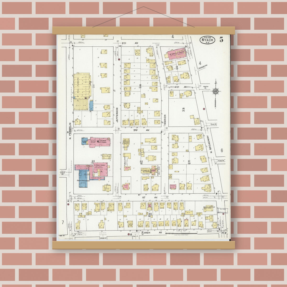 Old map wall art mockup — magnetic wood frame on brick wall — Sanborn Fire Insurance Map from Nyack, Rockland County, New York (1919), Sheet #0005