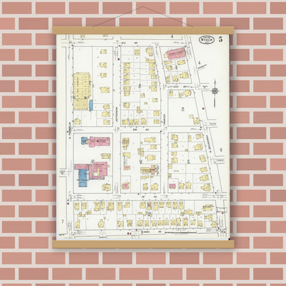 Old map wall art mockup — magnetic wood frame on brick wall — Sanborn Fire Insurance Map from Nyack, Rockland County, New York (1919), Sheet #0005