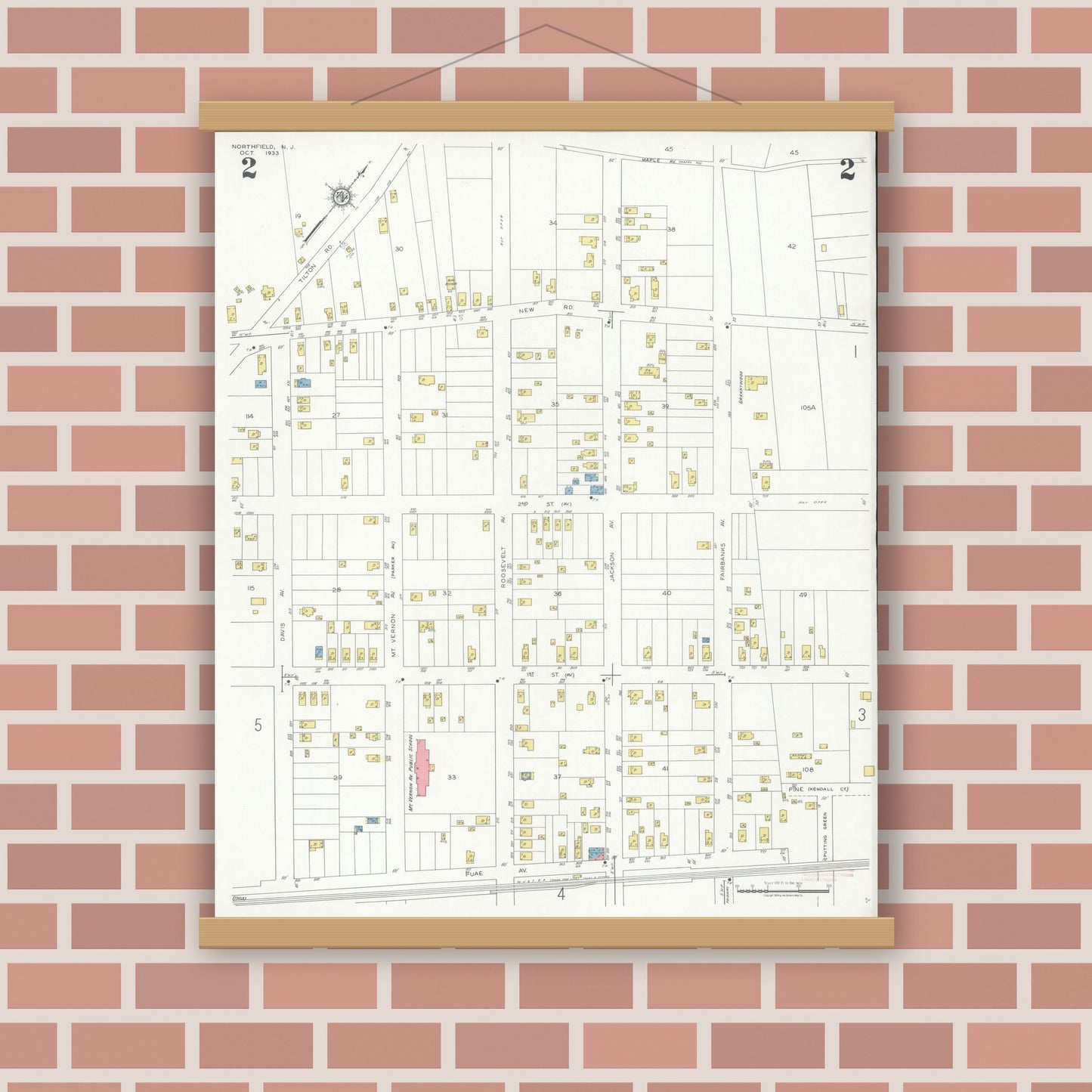 Old map wall art mockup — magnetic wood frame on brick wall — Sanborn Fire Insurance Map from Northfield, Atlantic County, New Jersey (1933), Sheet #0002