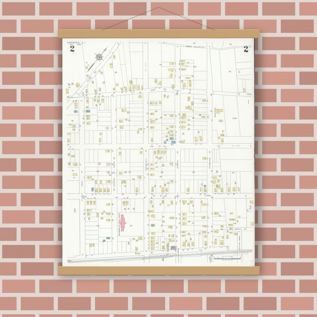 Old map wall art mockup — magnetic wood frame on brick wall — Sanborn Fire Insurance Map from Northfield, Atlantic County, New Jersey (1933), Sheet #0002