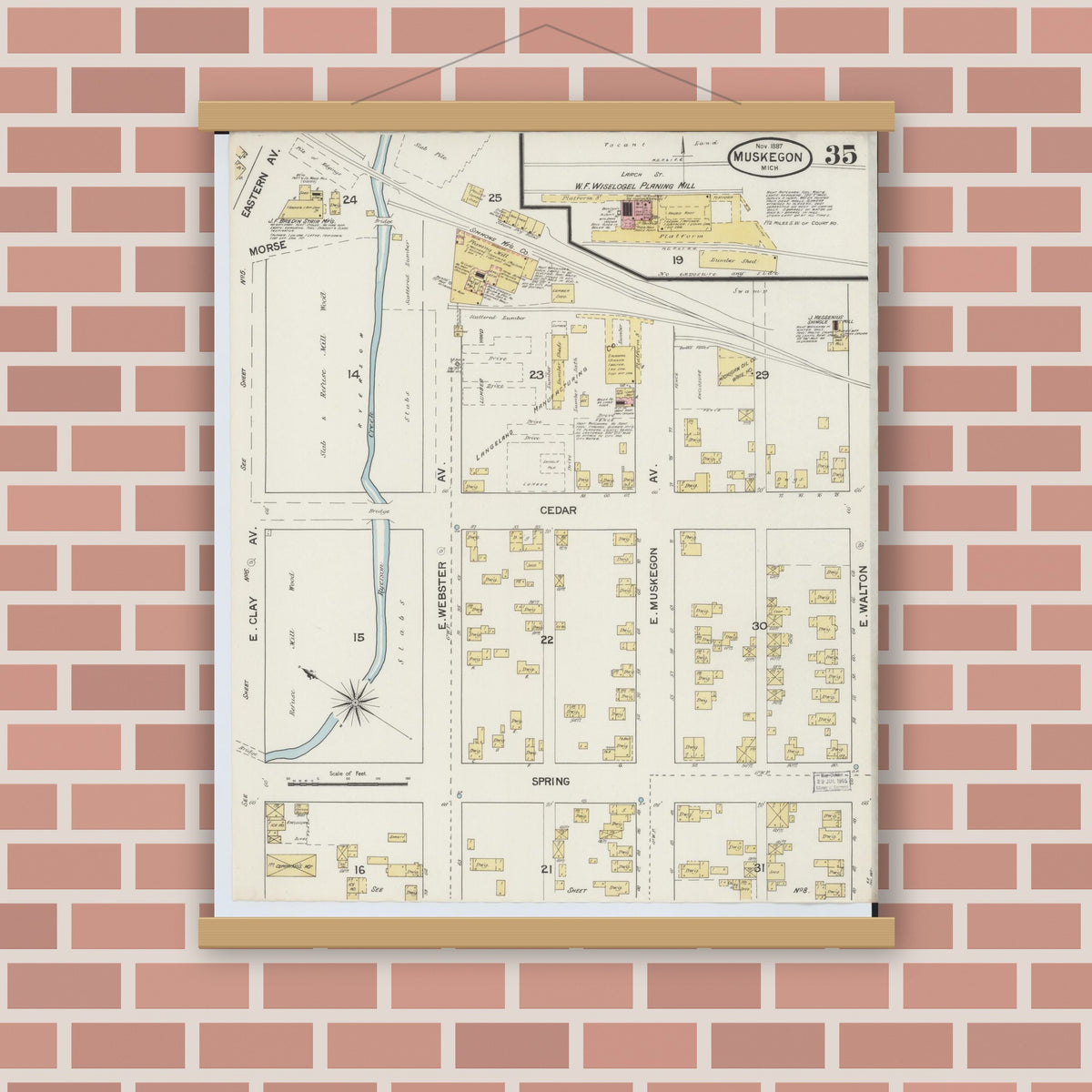 Old map wall art mockup — magnetic wood frame on brick wall — Sanborn Fire Insurance Map from Muskegon, Muskegon County, Michigan (1887), Sheet #0035