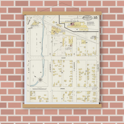 Old map wall art mockup — magnetic wood frame on brick wall — Sanborn Fire Insurance Map from Muskegon, Muskegon County, Michigan (1887), Sheet #0035