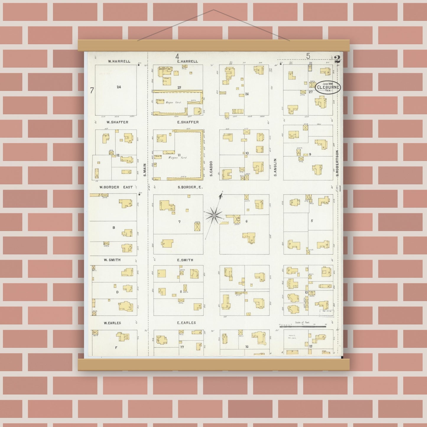 Old map wall art mockup — magnetic wood frame on brick wall — Sanborn Fire Insurance Map from Cleburne, Johnson County, Texas (1898), Sheet #0002