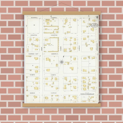 Old map wall art mockup — magnetic wood frame on brick wall — Sanborn Fire Insurance Map from Cleburne, Johnson County, Texas (1898), Sheet #0002