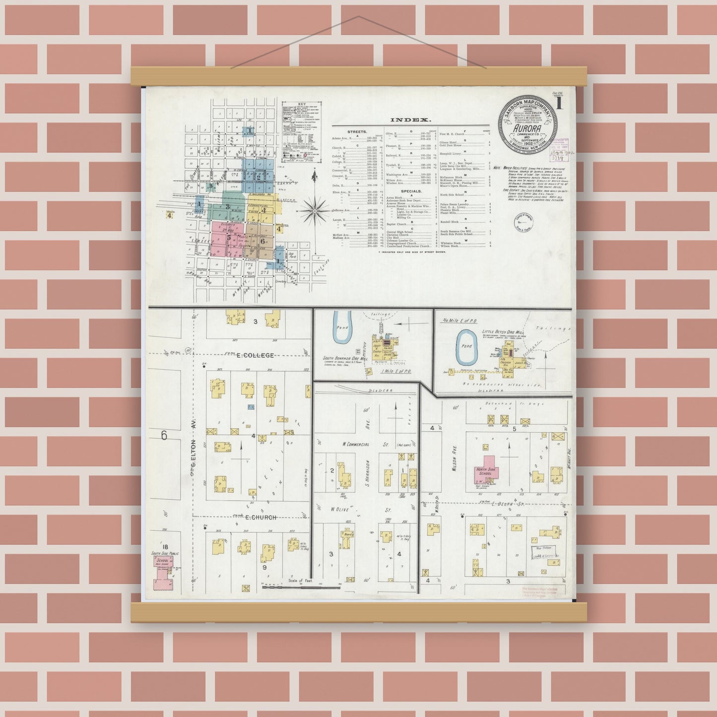 Old map wall art mockup — magnetic wood frame on brick wall — Sanborn Fire Insurance Map from Aurora, Lawrence County, Missouri (1902) - Complete Map Set