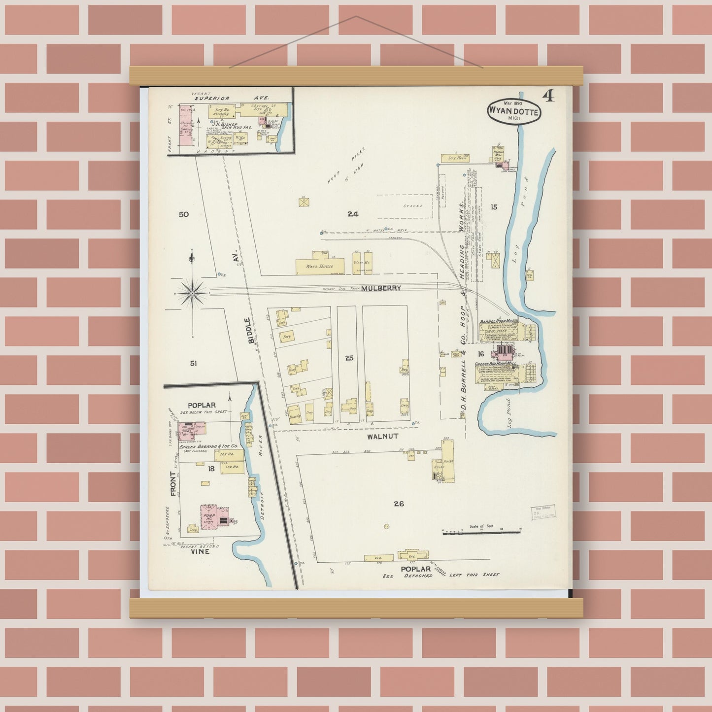 Old map wall art mockup — magnetic wood frame on brick wall — Sanborn Fire Insurance Map from Wyandotte, Wayne County, Michigan (1890), Sheet #0004