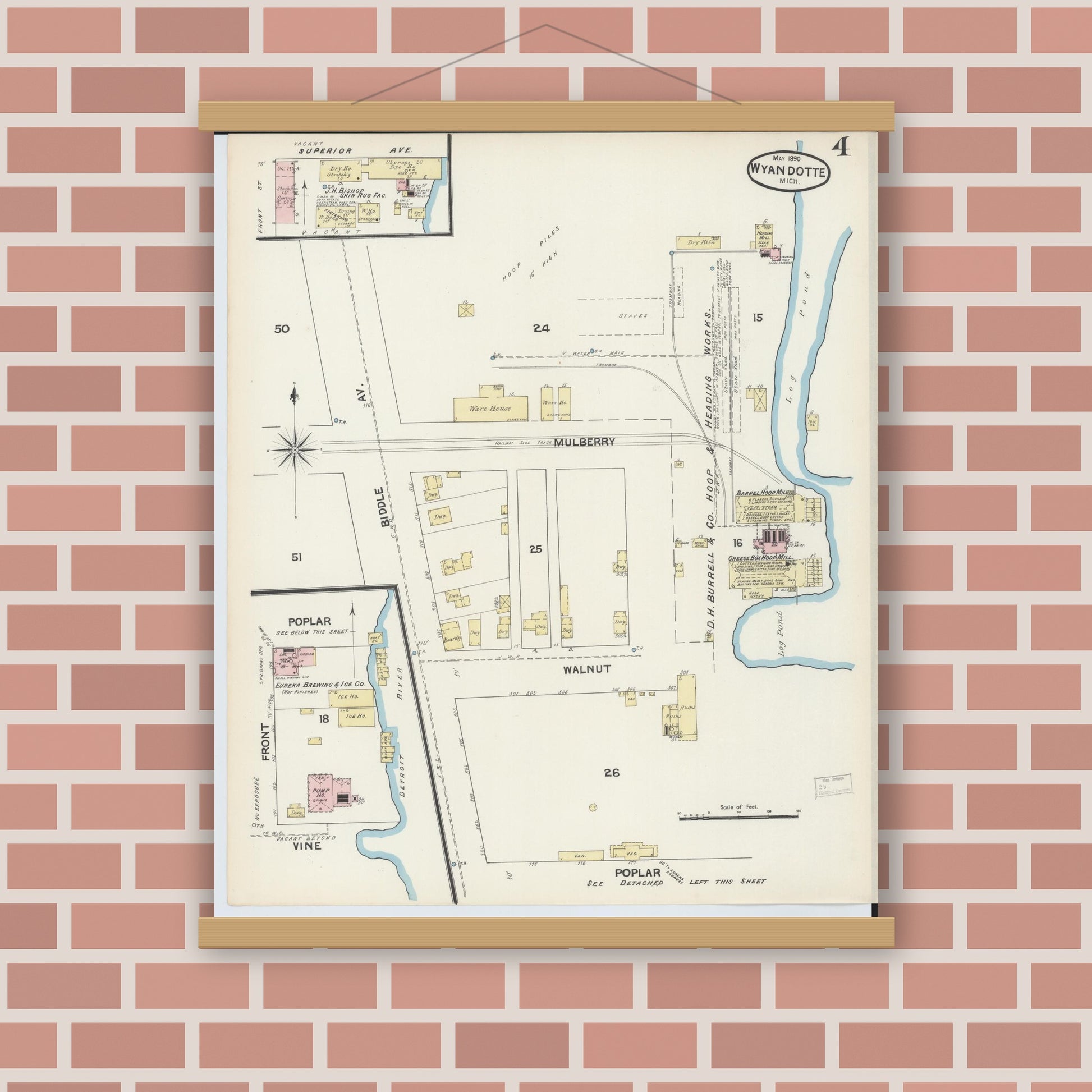 Old map wall art mockup — magnetic wood frame on brick wall — Sanborn Fire Insurance Map from Wyandotte, Wayne County, Michigan (1890), Sheet #0004
