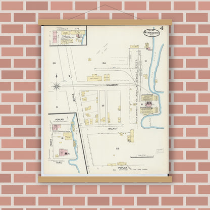 Old map wall art mockup — magnetic wood frame on brick wall — Sanborn Fire Insurance Map from Wyandotte, Wayne County, Michigan (1890), Sheet #0004