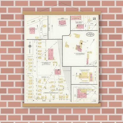 Old map wall art mockup — magnetic wood frame on brick wall — Sanborn Fire Insurance Map from Huntington, Huntington County, Indiana (1912), Sheet #0021