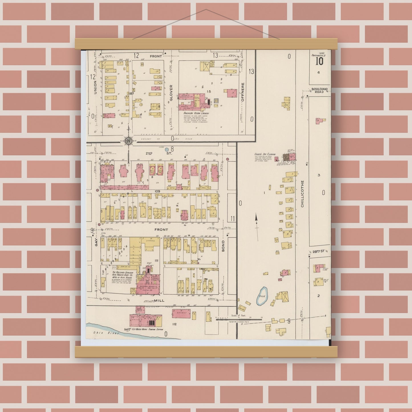 Old map wall art mockup — magnetic wood frame on brick wall — Sanborn Fire Insurance Map from Portsmouth, Scioto County, Ohio (1921), Sheet #0010