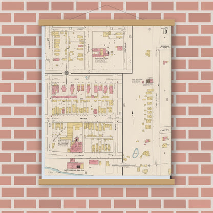 Old map wall art mockup — magnetic wood frame on brick wall — Sanborn Fire Insurance Map from Portsmouth, Scioto County, Ohio (1921), Sheet #0010