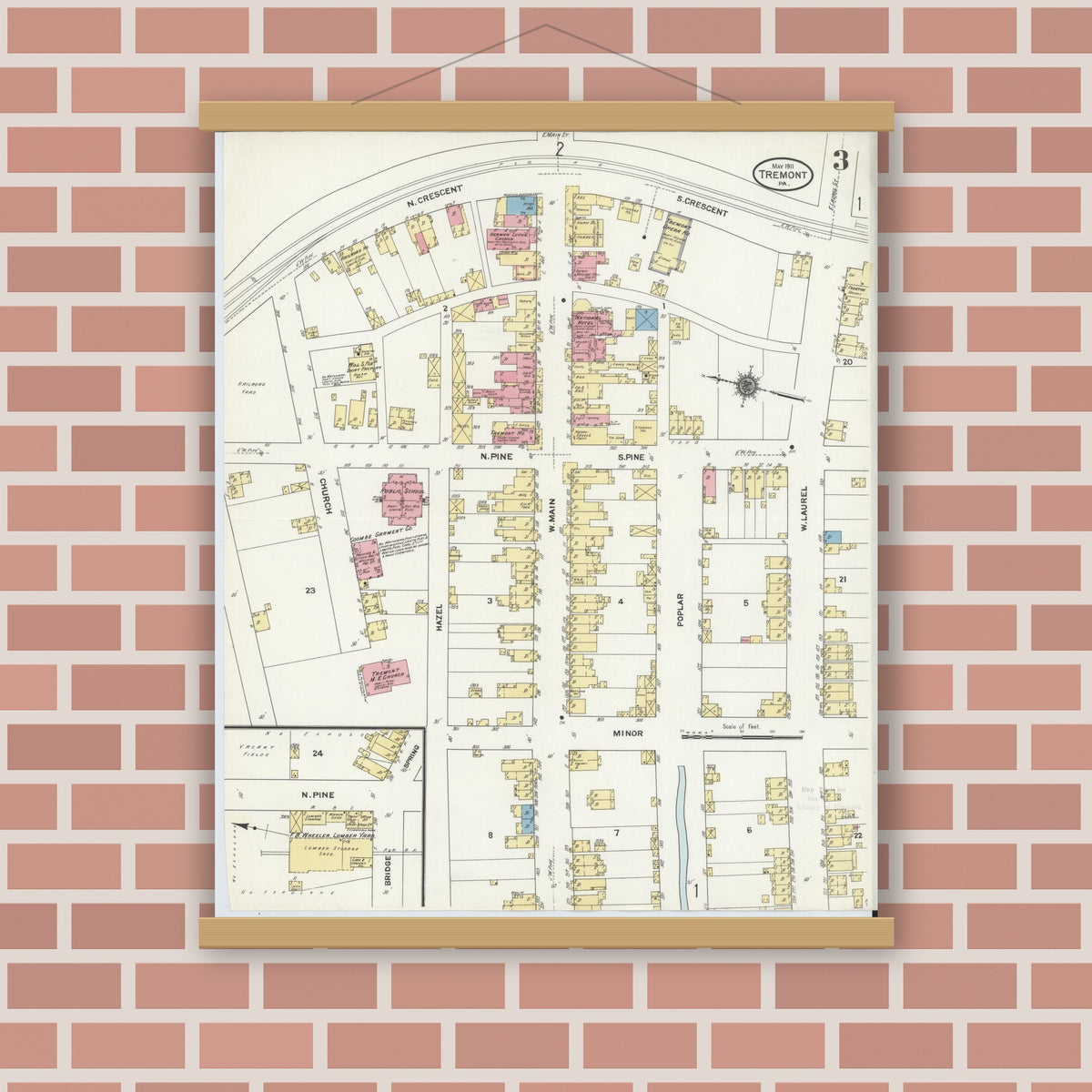 Old map wall art mockup — magnetic wood frame on brick wall — Sanborn Fire Insurance Map from Tremont, Schuylkill County, Pennsylvania (1911), Sheet #0003
