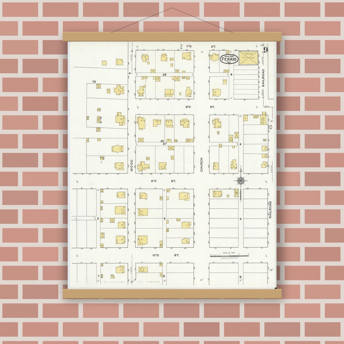 Old map wall art mockup — magnetic wood frame on brick wall — Sanborn Fire Insurance Map from Ferris, Ellis County, Texas (1921), Sheet #0009