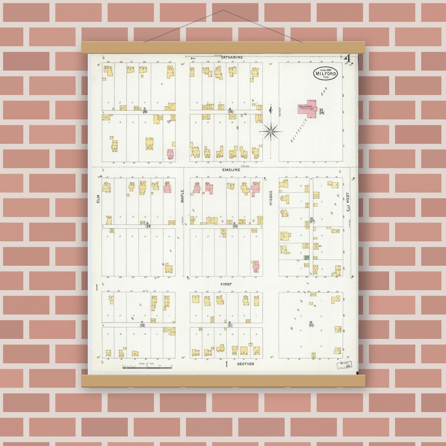 Old map wall art mockup — magnetic wood frame on brick wall — Sanborn Fire Insurance Map from Milford, Kosciusko County, Indiana (1905), Sheet #0004