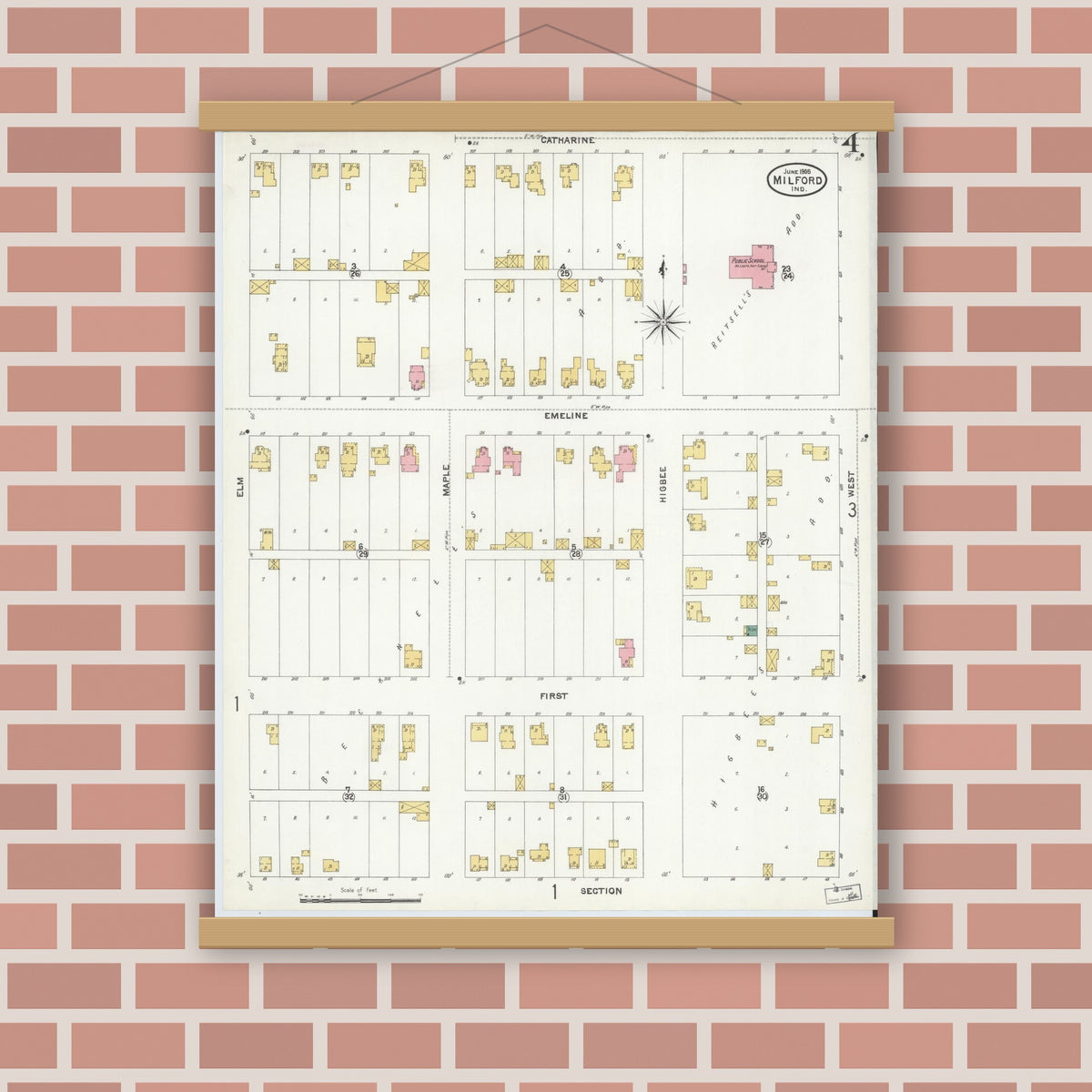 Old map wall art mockup — magnetic wood frame on brick wall — Sanborn Fire Insurance Map from Milford, Kosciusko County, Indiana (1905), Sheet #0004