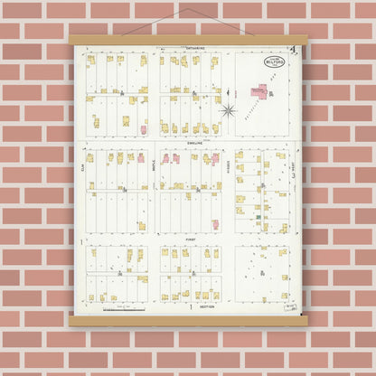 Old map wall art mockup — magnetic wood frame on brick wall — Sanborn Fire Insurance Map from Milford, Kosciusko County, Indiana (1905), Sheet #0004