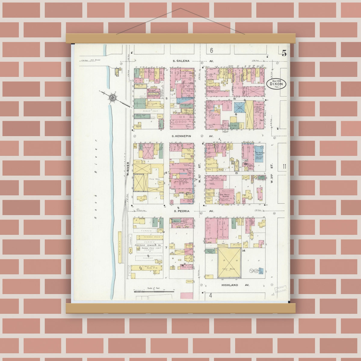 Old map wall art mockup — magnetic wood frame on brick wall — Sanborn Fire Insurance Map from Dixon, Lee County, Illinois (1910), Sheet #0005